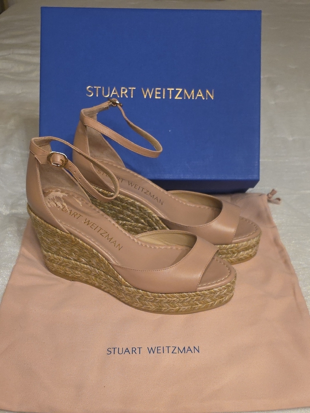 Stuart Weitzman Leather Blush Tan Espadrille Wedge Sandals with Ankle Strap 8.5 - Picture 1 of 16